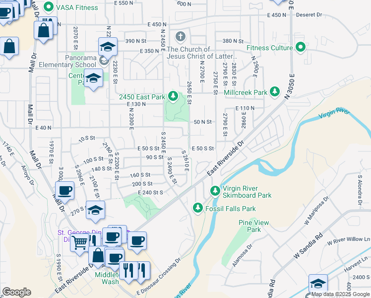 map of restaurants, bars, coffee shops, grocery stores, and more near 59 South 2610 East in St. George