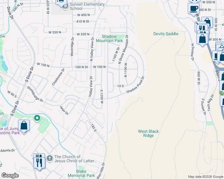 map of restaurants, bars, coffee shops, grocery stores, and more near 1176 Shadow Point Drive in St. George