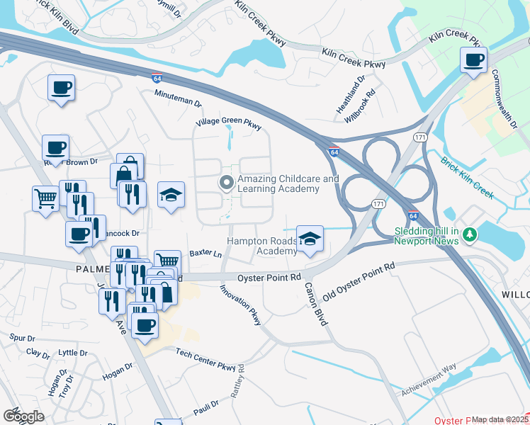 map of restaurants, bars, coffee shops, grocery stores, and more near 724 Village Green Parkway in Newport News