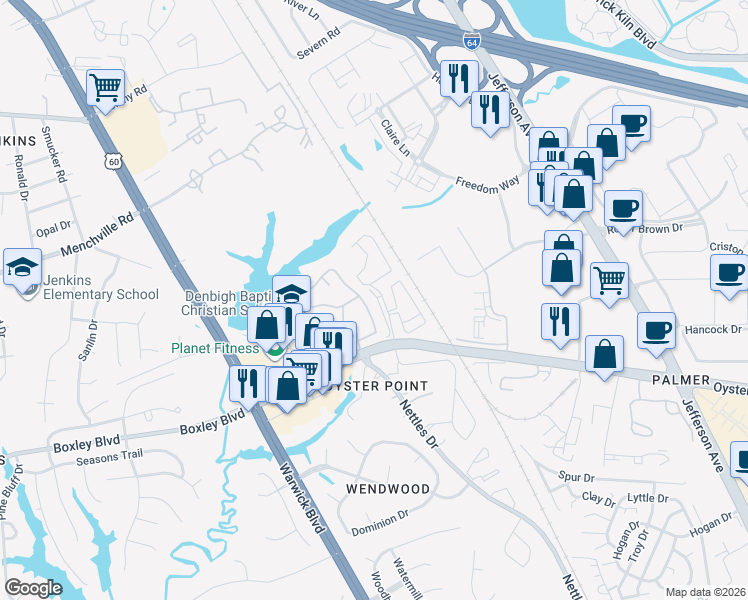map of restaurants, bars, coffee shops, grocery stores, and more near 621 Todd Trail in Newport News