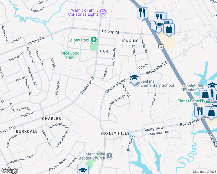 map of restaurants, bars, coffee shops, grocery stores, and more near 126 Menchville Road in Newport News