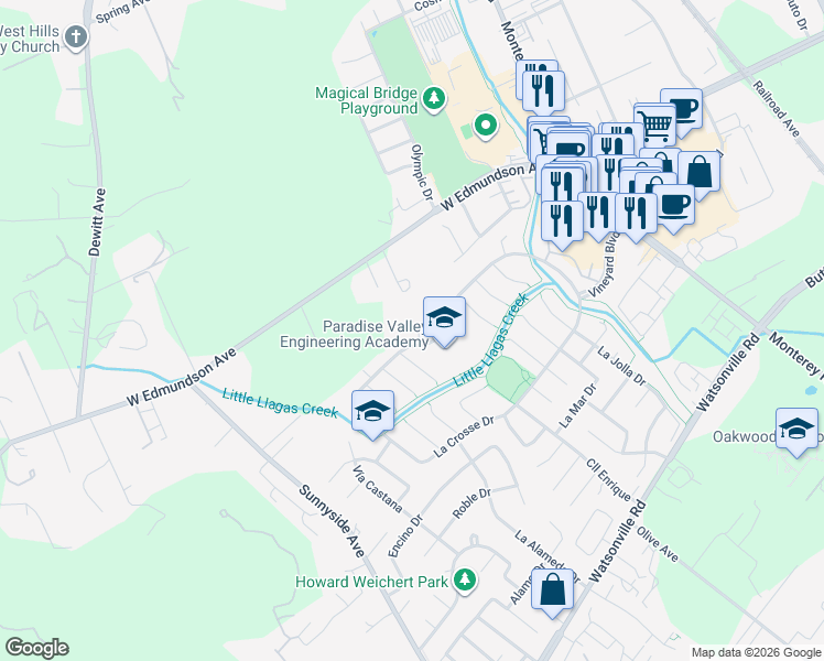 map of restaurants, bars, coffee shops, grocery stores, and more near 15915 La Roda Court in Morgan Hill