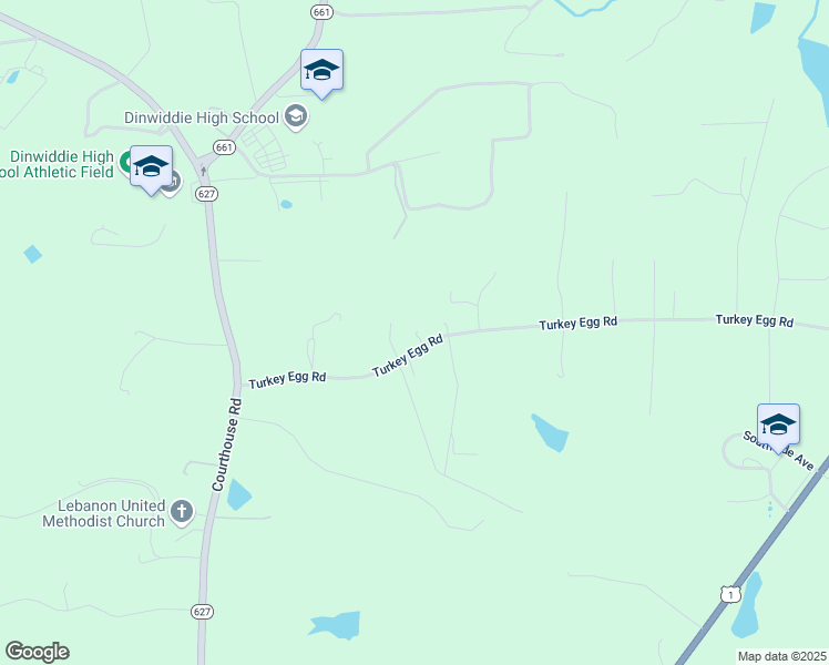 map of restaurants, bars, coffee shops, grocery stores, and more near 18820 Turkey Egg Road in Dinwiddie