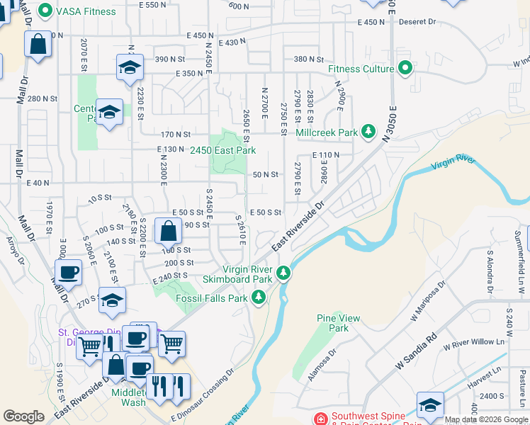 map of restaurants, bars, coffee shops, grocery stores, and more near 2702 50 South Street in St. George
