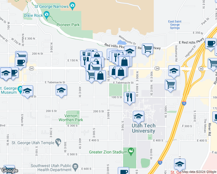 map of restaurants, bars, coffee shops, grocery stores, and more near 6 South 600 East in St. George
