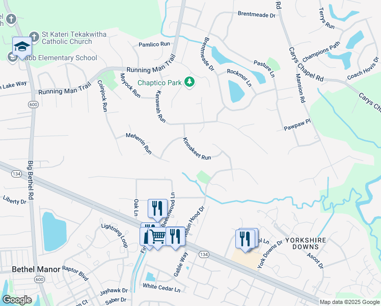 map of restaurants, bars, coffee shops, grocery stores, and more near 210 Kinnakeet Run in Yorktown