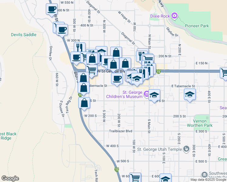 map of restaurants, bars, coffee shops, grocery stores, and more near 201 West Tabernacle Street in St. George