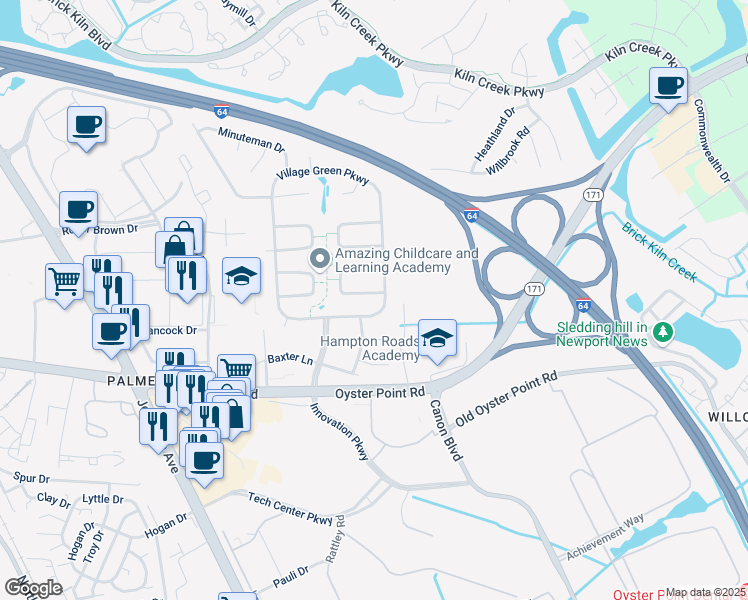 map of restaurants, bars, coffee shops, grocery stores, and more near 724 Village Green Parkway in Newport News