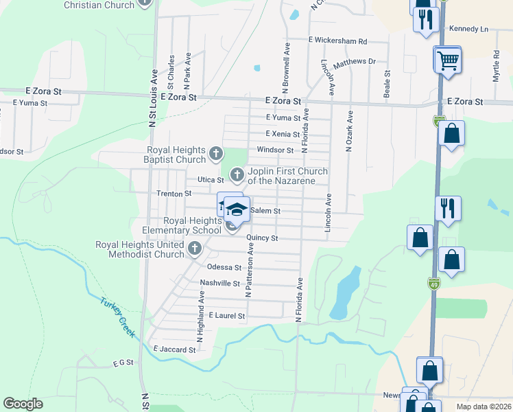 map of restaurants, bars, coffee shops, grocery stores, and more near 2231 Rolla Street in Joplin