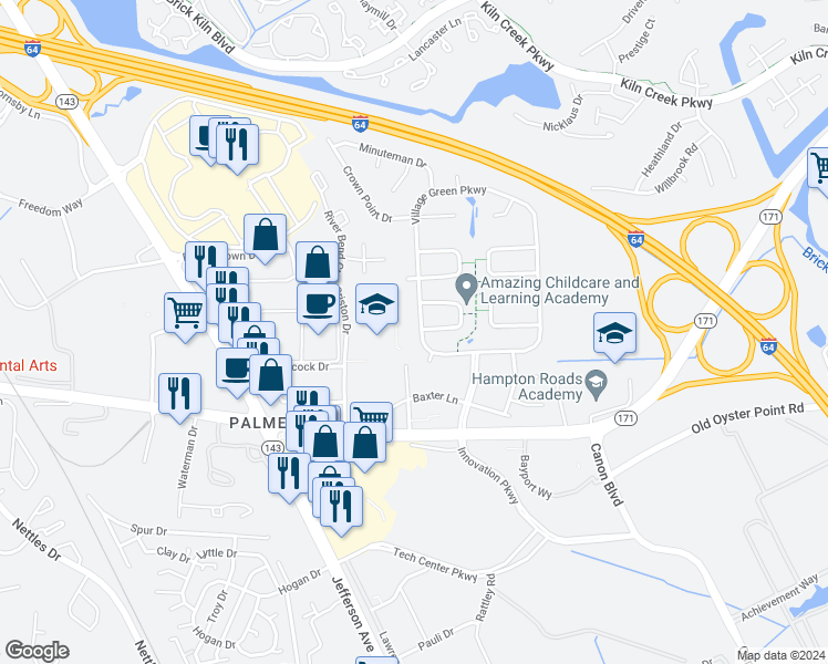 map of restaurants, bars, coffee shops, grocery stores, and more near 698 Village Green Parkway in Newport News