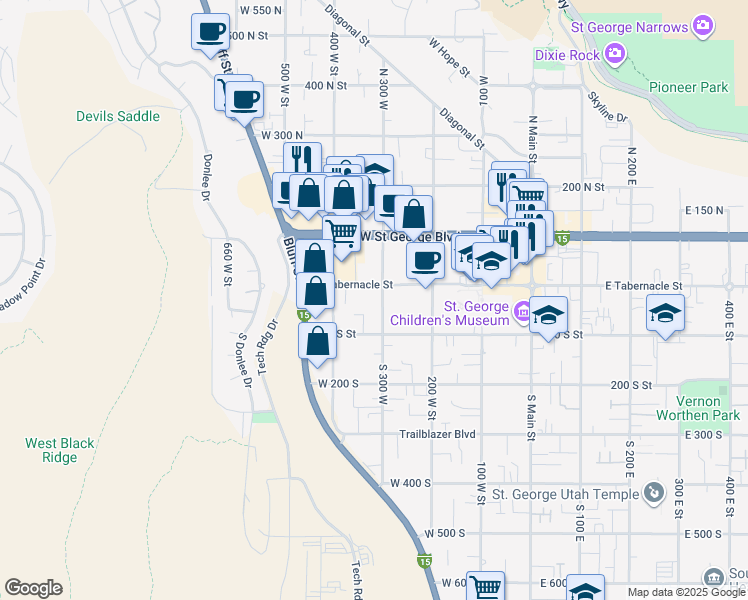 map of restaurants, bars, coffee shops, grocery stores, and more near 16 South 300 West in St. George