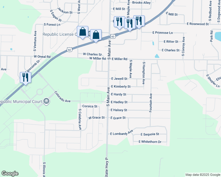 map of restaurants, bars, coffee shops, grocery stores, and more near 114-122 E Hardy St in Republic