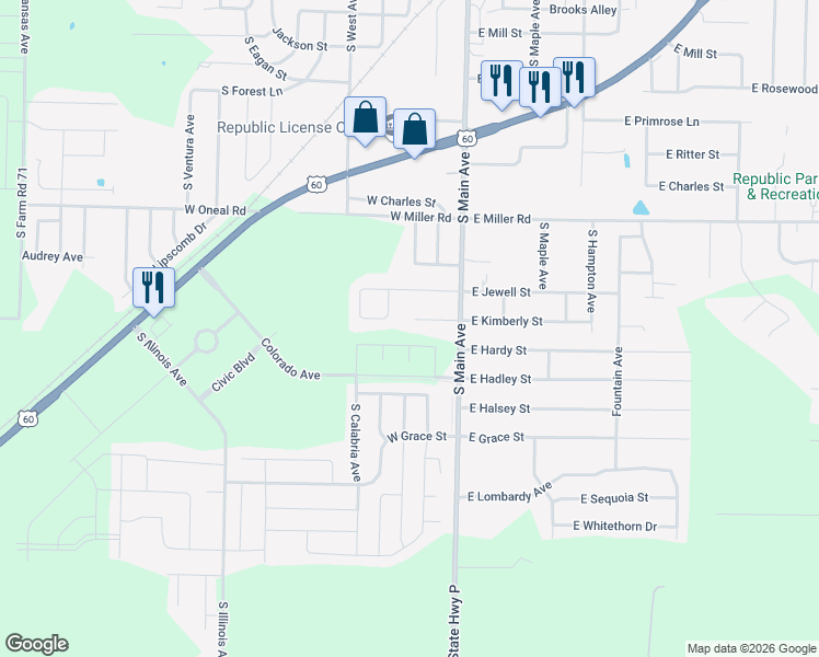 map of restaurants, bars, coffee shops, grocery stores, and more near 214 West Kimberly Street in Republic