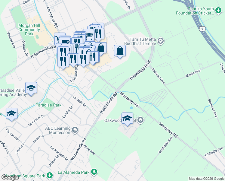 map of restaurants, bars, coffee shops, grocery stores, and more near 15503 Salerno Lane in Morgan Hill