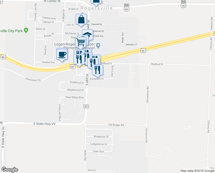map of restaurants, bars, coffee shops, grocery stores, and more near 250 Clay Street in Rogersville