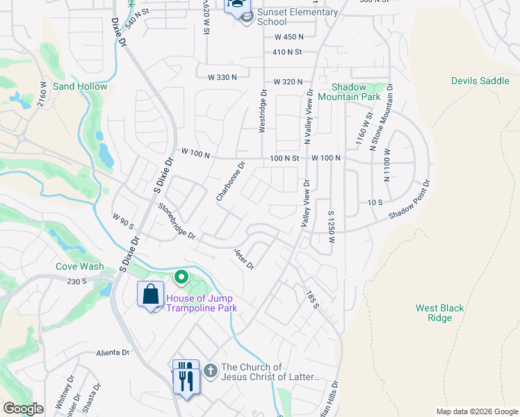 map of restaurants, bars, coffee shops, grocery stores, and more near 39 South Valley View Drive in St. George