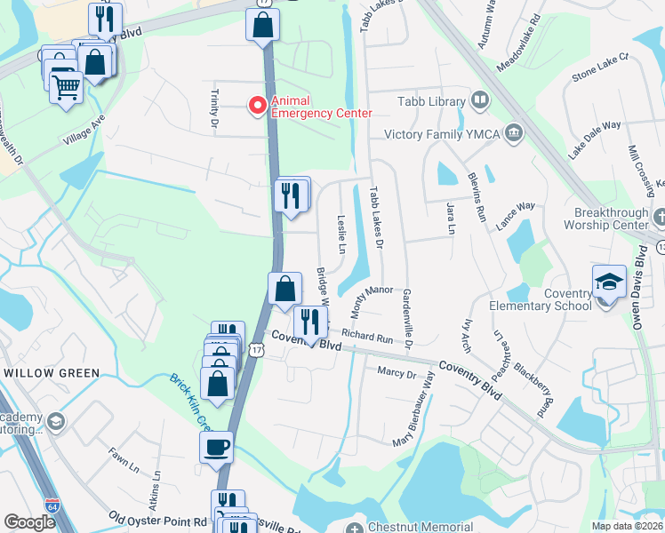 map of restaurants, bars, coffee shops, grocery stores, and more near 136 Leslie Lane in Yorktown
