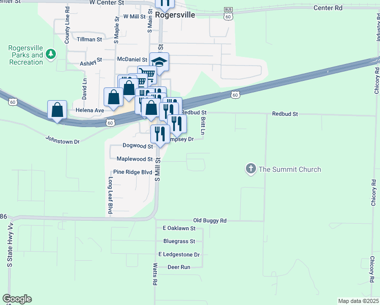 map of restaurants, bars, coffee shops, grocery stores, and more near 115 Dempsey Drive in Rogersville