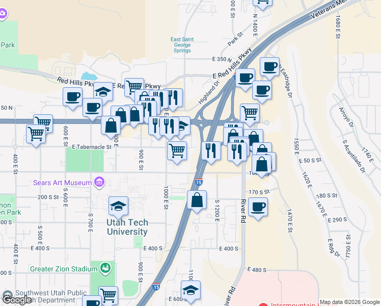 map of restaurants, bars, coffee shops, grocery stores, and more near 1035 E 100 S in St George