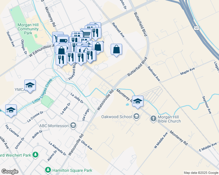 map of restaurants, bars, coffee shops, grocery stores, and more near 15503 Salerno Lane in Morgan Hill
