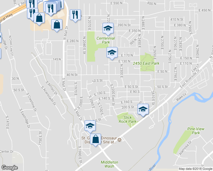 map of restaurants, bars, coffee shops, grocery stores, and more near 2220 East 50 South Circle in Saint George
