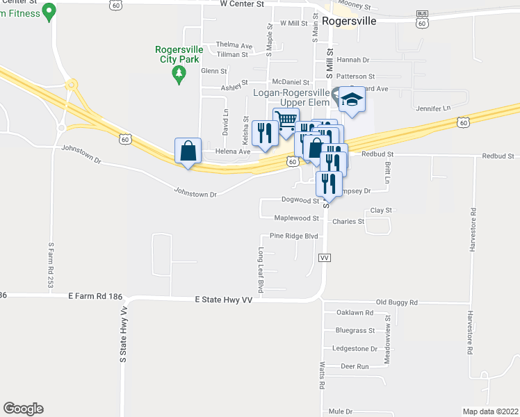 map of restaurants, bars, coffee shops, grocery stores, and more near 427 Birchwood Street in Rogersville