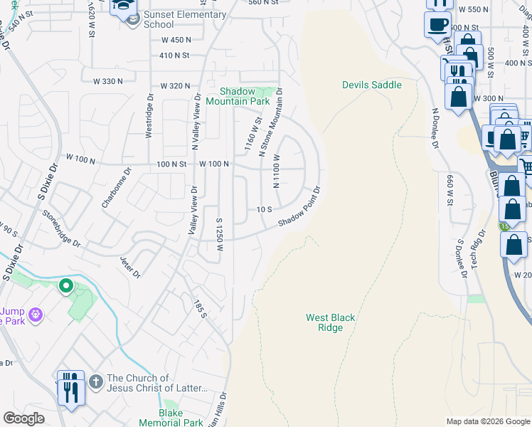 map of restaurants, bars, coffee shops, grocery stores, and more near 1129 Eclipse Drive in St. George