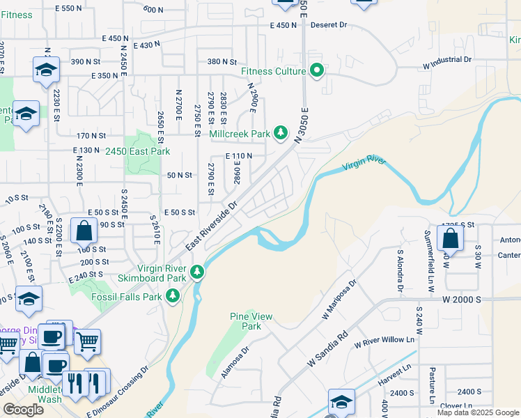 map of restaurants, bars, coffee shops, grocery stores, and more near 2990 East Riverside Drive in St. George