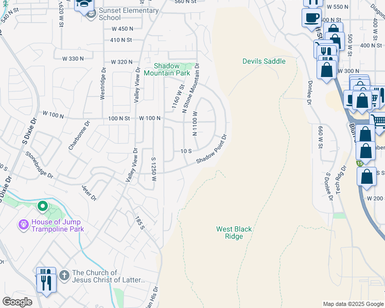 map of restaurants, bars, coffee shops, grocery stores, and more near 1115 Eclipse Drive in St. George