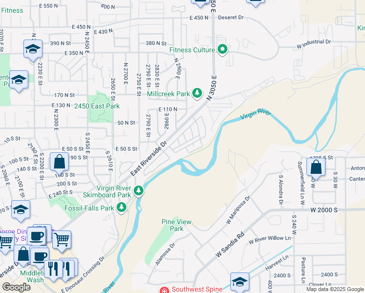 map of restaurants, bars, coffee shops, grocery stores, and more near 2990 East Riverside Drive in St. George