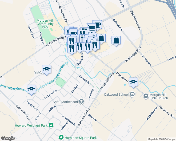 map of restaurants, bars, coffee shops, grocery stores, and more near 15665 Nice Lane in Morgan Hill