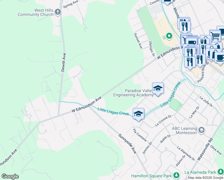 map of restaurants, bars, coffee shops, grocery stores, and more near 453-855 W Edmundson Ave in Morgan Hill