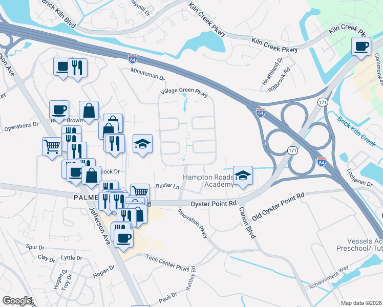 map of restaurants, bars, coffee shops, grocery stores, and more near in Newport News