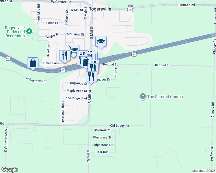 map of restaurants, bars, coffee shops, grocery stores, and more near 107 Dempsey Drive in Rogersville