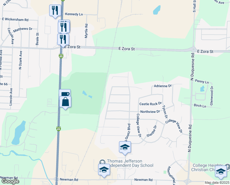 map of restaurants, bars, coffee shops, grocery stores, and more near 1726 Whispering Oaks Drive in Joplin