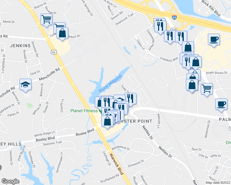 map of restaurants, bars, coffee shops, grocery stores, and more near 689 Todd Trail in Newport News