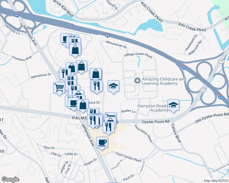 map of restaurants, bars, coffee shops, grocery stores, and more near 100 Palmer Lane in Newport News