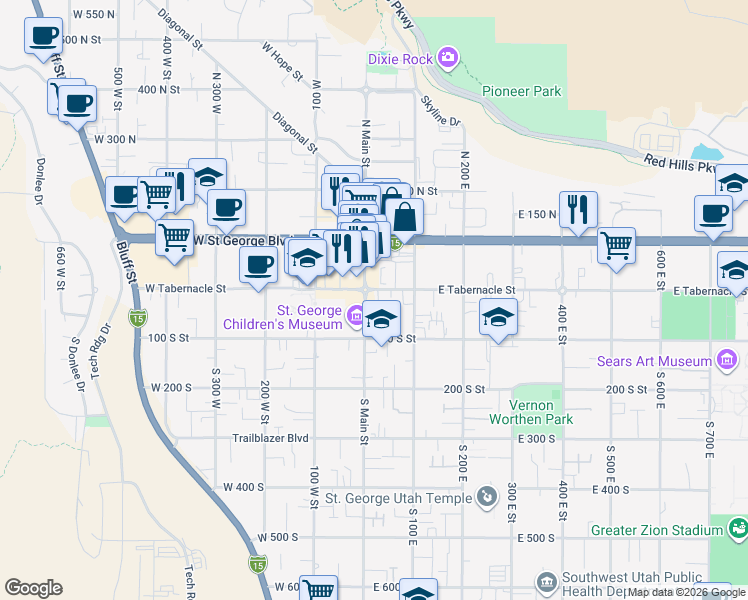map of restaurants, bars, coffee shops, grocery stores, and more near 20 North Main Street in St. George