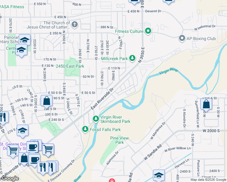 map of restaurants, bars, coffee shops, grocery stores, and more near 20 North Paradise Way in St. George