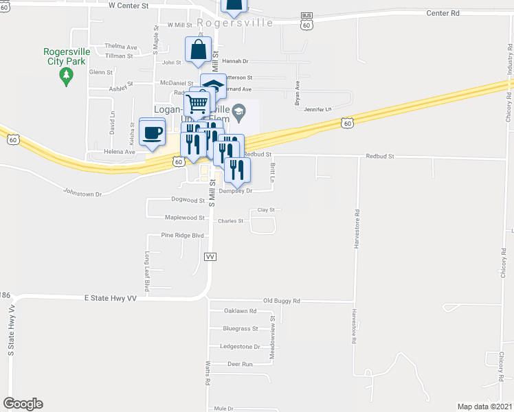 map of restaurants, bars, coffee shops, grocery stores, and more near 230 Clay Street in Rogersville