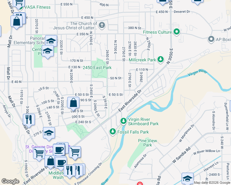 map of restaurants, bars, coffee shops, grocery stores, and more near 2691 East 50 North in St. George
