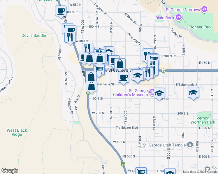 map of restaurants, bars, coffee shops, grocery stores, and more near 16 South 300 West in St. George