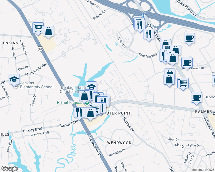 map of restaurants, bars, coffee shops, grocery stores, and more near 1100 Arboretum Way in Newport News