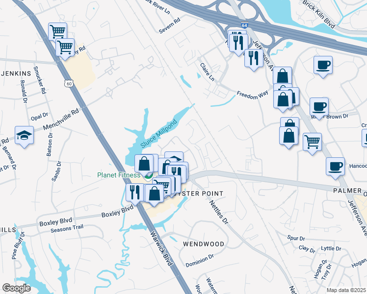 map of restaurants, bars, coffee shops, grocery stores, and more near 1100 Arboretum Way in Newport News
