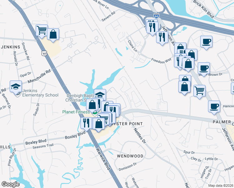 map of restaurants, bars, coffee shops, grocery stores, and more near 1100 Arboretum Way in Newport News