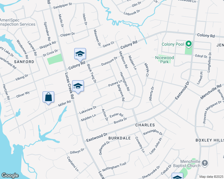 map of restaurants, bars, coffee shops, grocery stores, and more near 449 Putney Lane in Newport News