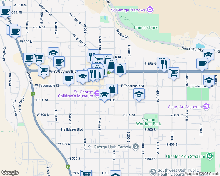 map of restaurants, bars, coffee shops, grocery stores, and more near 76 East Tabernacle Street in St. George