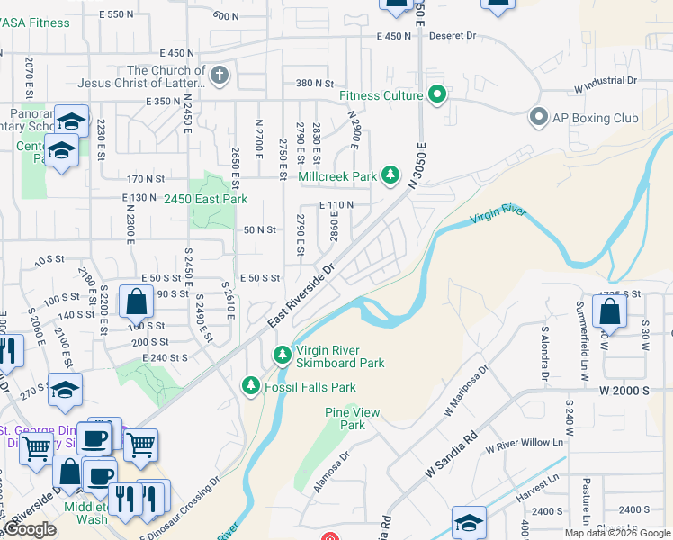 map of restaurants, bars, coffee shops, grocery stores, and more near 2990 East Riverside Drive in St. George