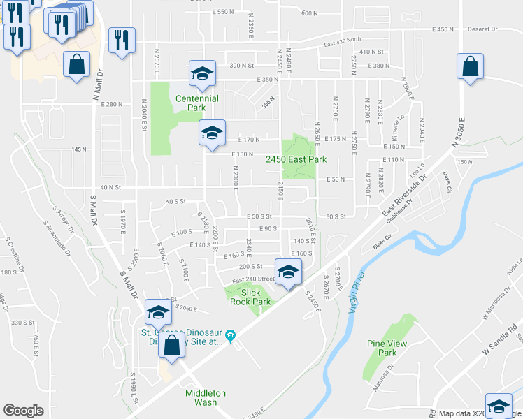 map of restaurants, bars, coffee shops, grocery stores, and more near 37 South 2370 East in St. George