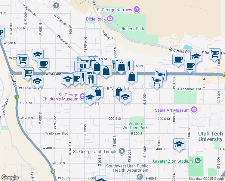 map of restaurants, bars, coffee shops, grocery stores, and more near 14 South 200 East in St. George